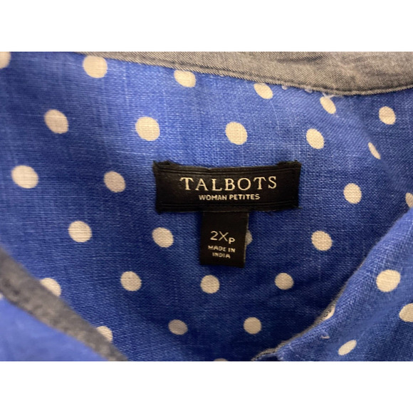 Talbots Blue White Polka Dot 100% Linen Button Front Shirt Size 2XP - Picture 4 of 4